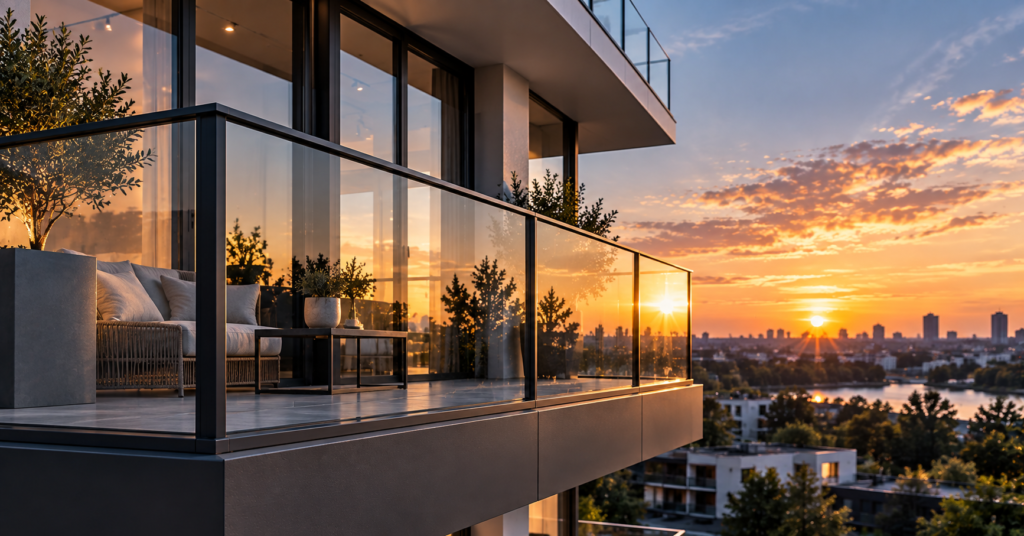 modern glass balcony at sunset
